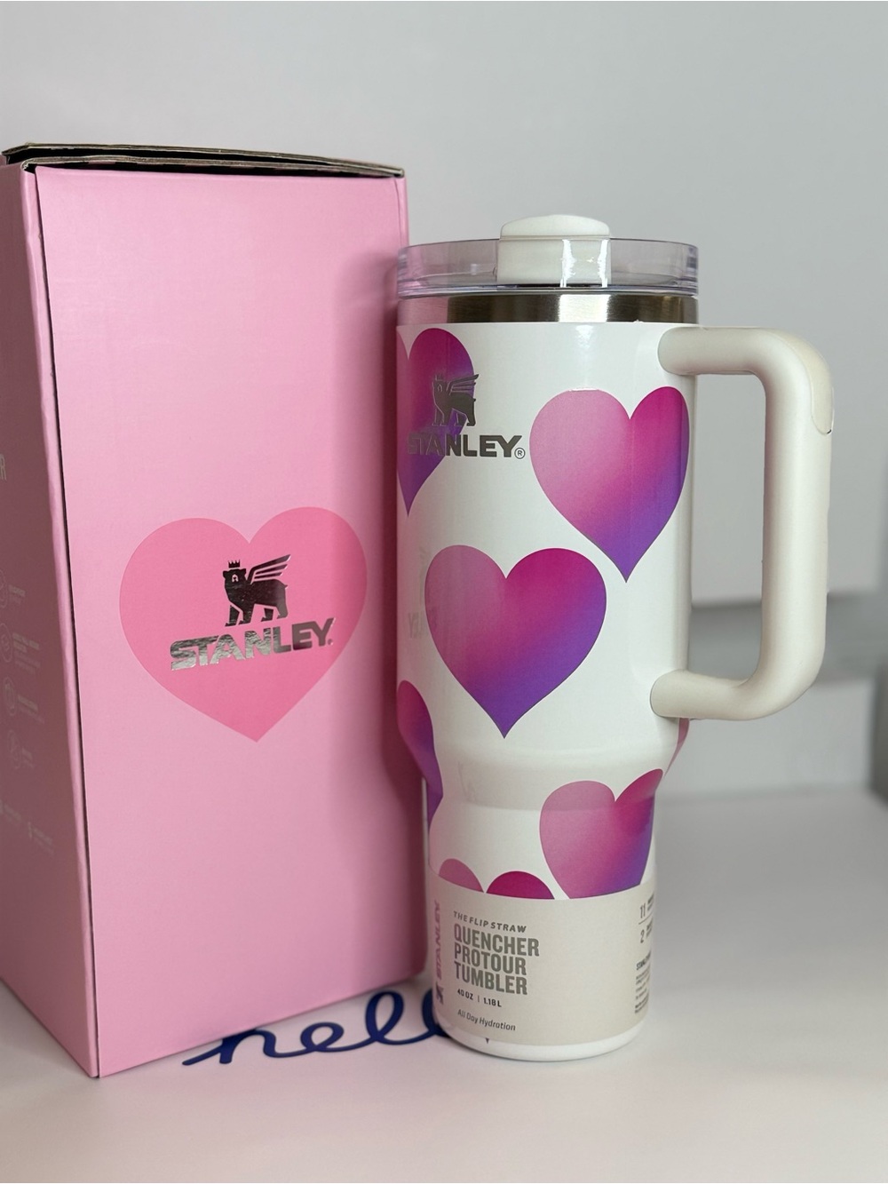 Stanley White Tumbler with Pink to Purple Heart Ombre 40 oz . New!